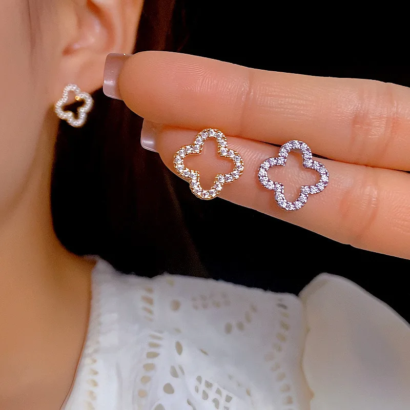 Leaf Hollow Zircon Stud Earrings for Women