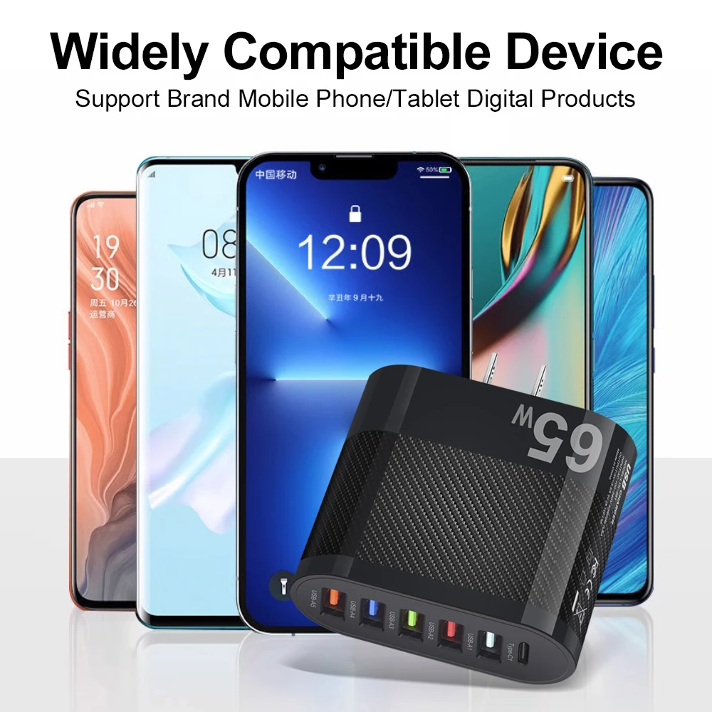 PD 65W Charger USB Type C 6 Ports Fast Charging Charger QC3.0 Power Adapter For iPhone15 14 Samsung S23 S22 Xiaomi Quick Charge