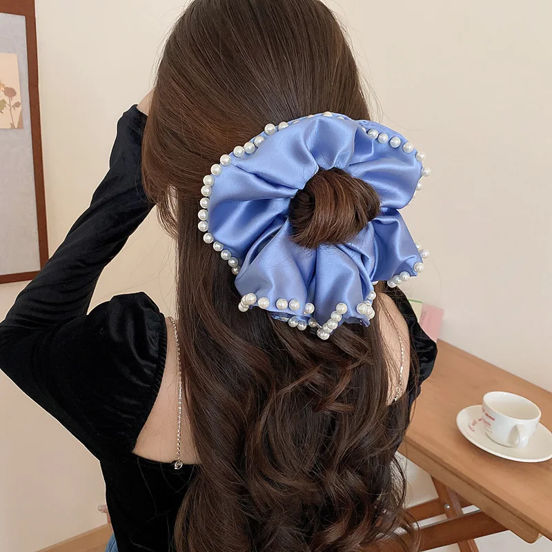 

Fabric pleated pearl hair tie retro large intestine hair tie Hair Scrunchies Velvet Solid Color Hair Band for Girls