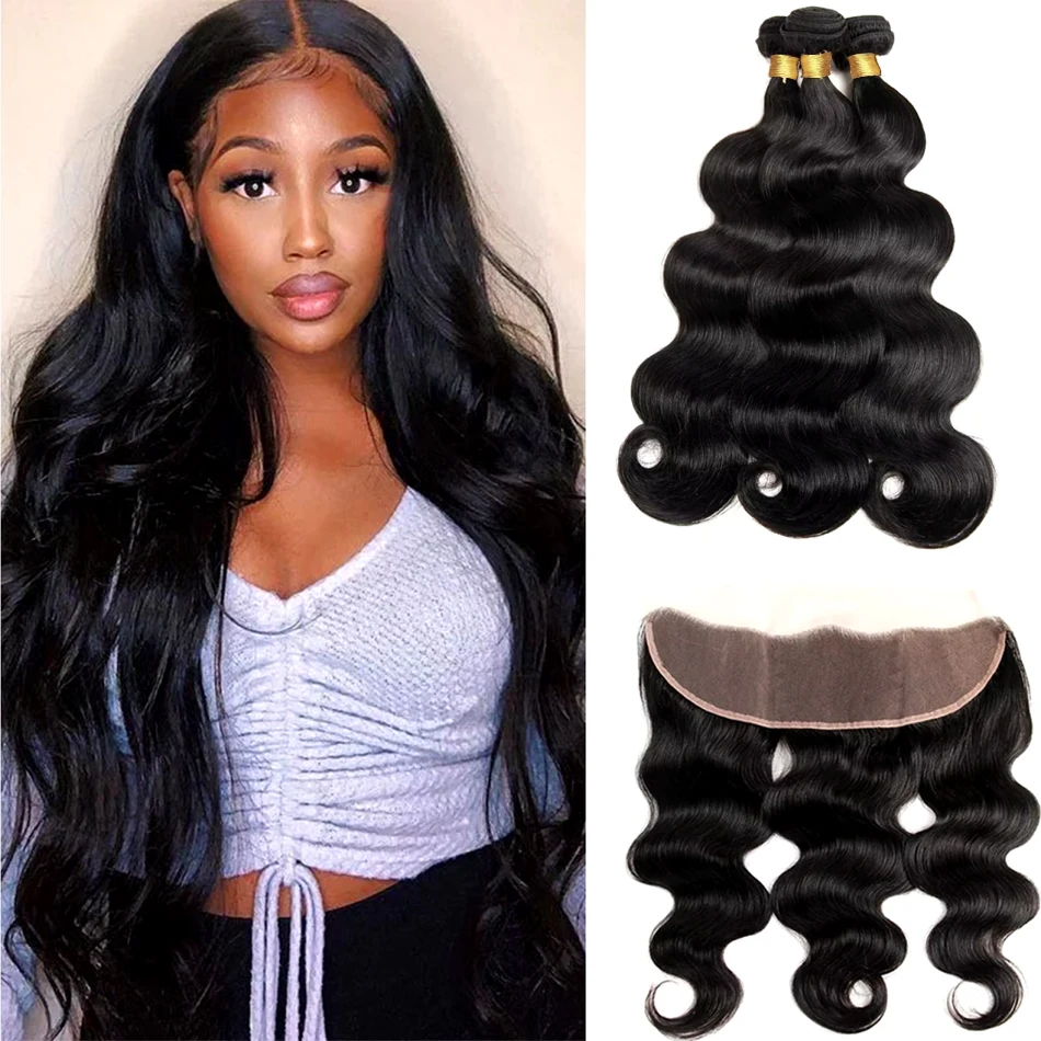 Body Wave Human Hair Bundles with Frontal Brazilian Hair 3 Bundles with 13x4 Lace Frontal 100% Natural Human Bundle