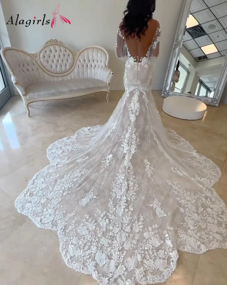 

Alagirls Backless Mermaid Wedding Dress Boho Beach Wedding Dress Lace Long Sleev Bridal Dresses Simple Wedding Gown robe mariage