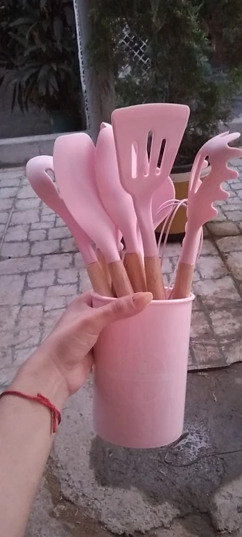 Silicone Colher Kit para Cozinha, BPA Antiferrugem, Madeira Conjunto de Utensílios De Cozinha, Jogo, 12 Peças photo review