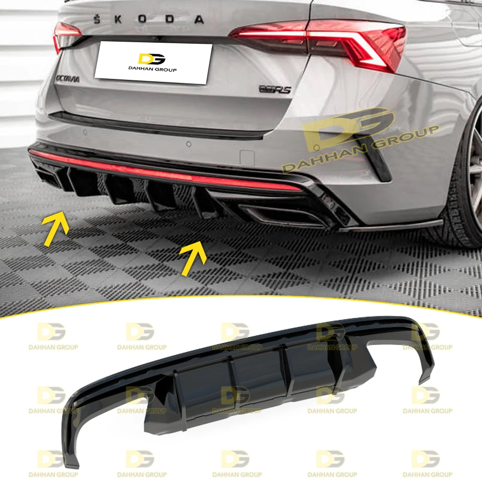 Difusor traseiro Valance Spoiler L e R saídas de plástico de alta qualidade, Skoda Octavia MK4 RS 2020-UP Max Design, Piano Gloss preto