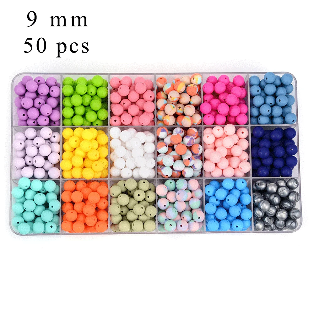 LOFCA 50pcs/lot 9mm Silicone beads Loose Teether Beads BPA Free Food Grade Baby Teether Chew DIY Jewelry Necklace Making