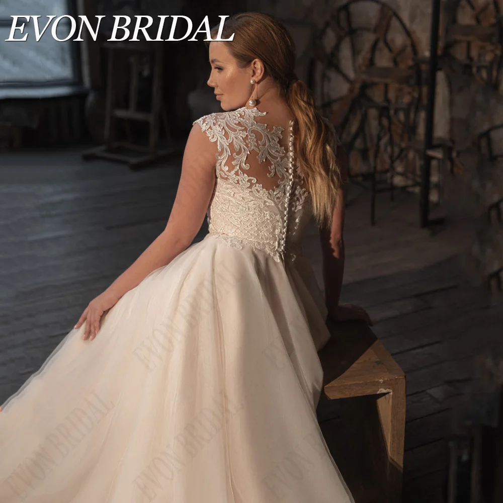 

EVON BRIDAL Light Champagne Modern Wedding Dresses Cap Sleeves Applique Bride Gowns A-Line Plus Size Civil vestidos de novia
