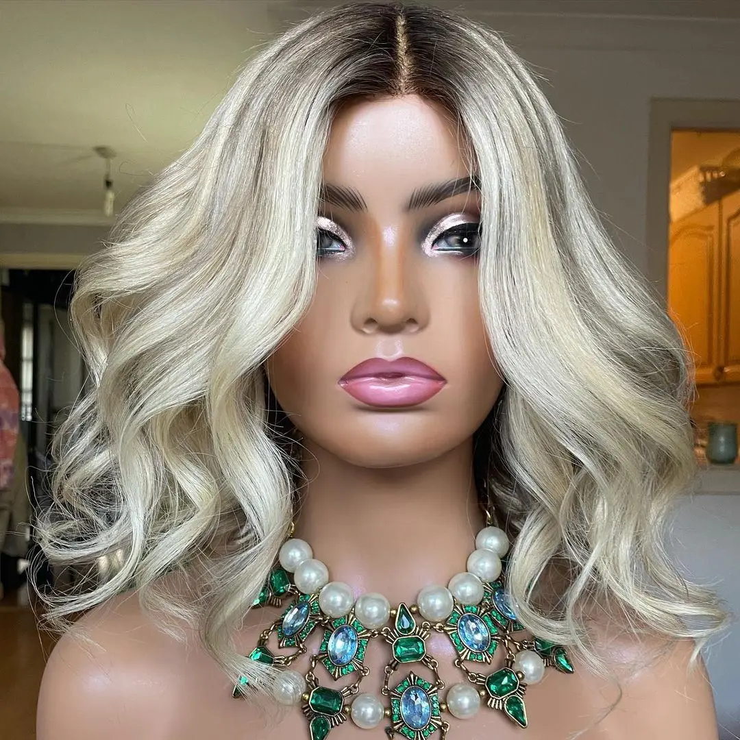 12&rdquo; Creamy Blonde Ombre Wavy Short Bob Wig Melting Roots Premium Virgin Human Hair Wig HD Invisible 13x6 Lace Front 150%