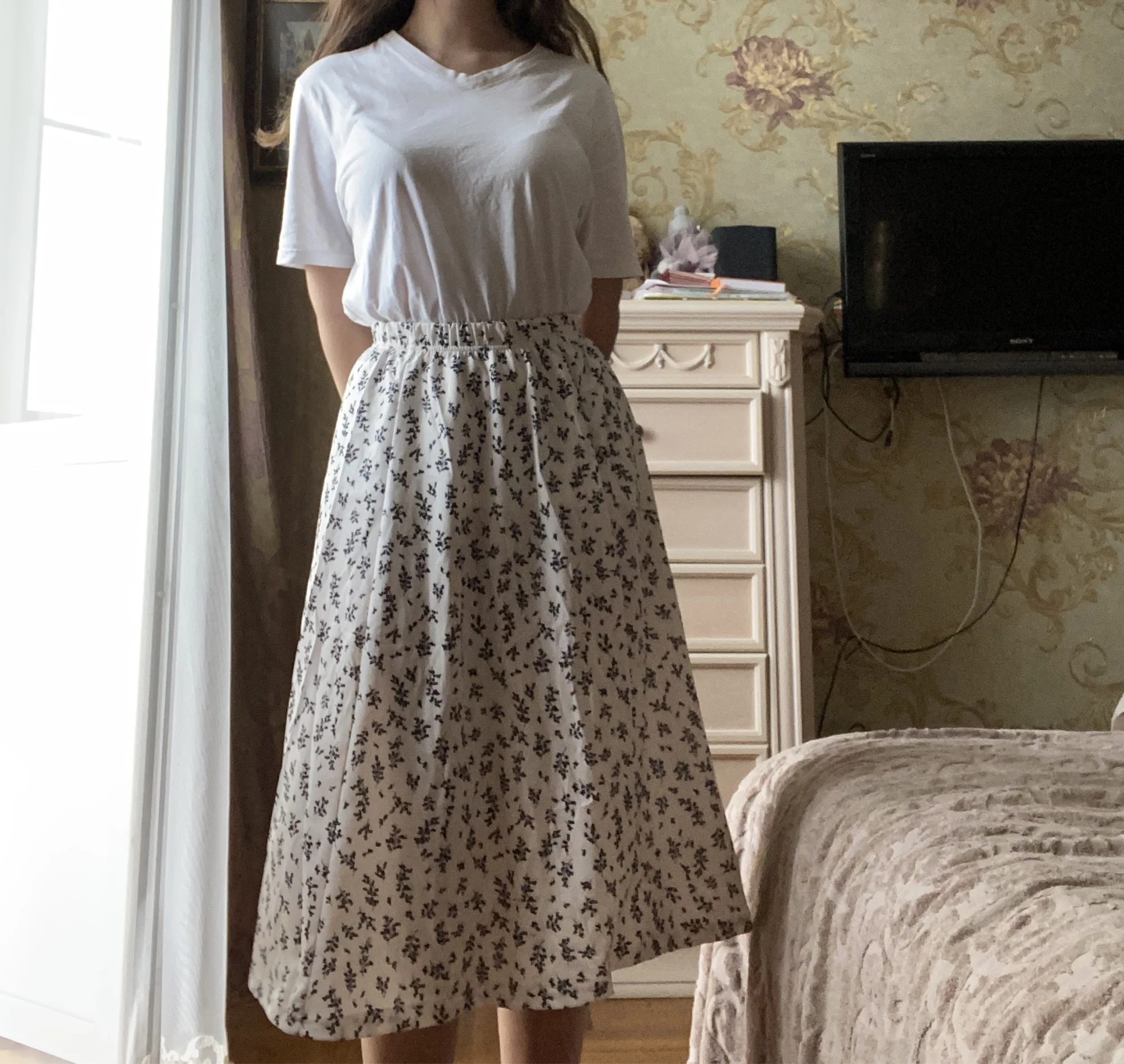 Vintage Floral Print A-line Pleated Long Skirts Summer Women photo review