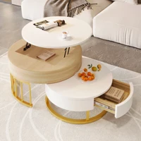 Comanlai Ensemble de 2 tables basses rondes pliables, table d'appoint réglable en hauteur, avec plateau relevable et tiroir, espace de rangement caché 2