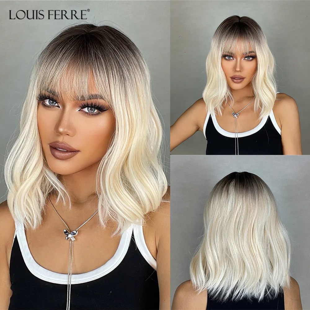 

LOUIS FERRE Light Blonde Short Wavy Hair Wig for Women Ombre Platinum Blonde Synthetic Wigs With Bangs Natural Looking Daily Use