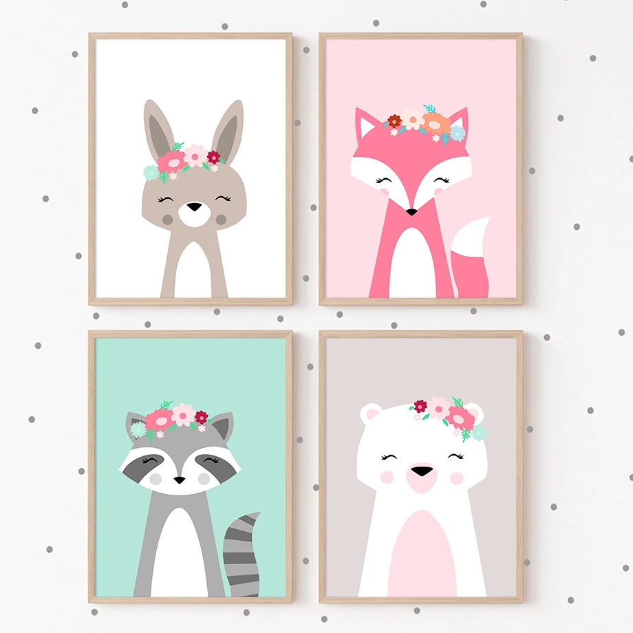 

Wreath Raccoon Rabbit Fox Bear Cute Animals Art Canvas Painting Nordic Posters Prints Wall Pictures Kids Room Nursery Home Decor