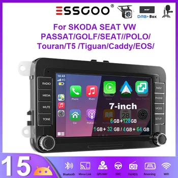 ESSGOO Android 15, Radio para Auto de 7 Pulgadas, 4+64 GB / 6+128 GB para VW Golf 5 6 Passat Polo 6R Touran Tiguan Caddy EOS Jetta Seat Skoda, CarPlay Inalámbrico, Android Auto, Navegación GPS, RDS, FM, Bluetooth, Mirror Link, Pantalla Táctil 1