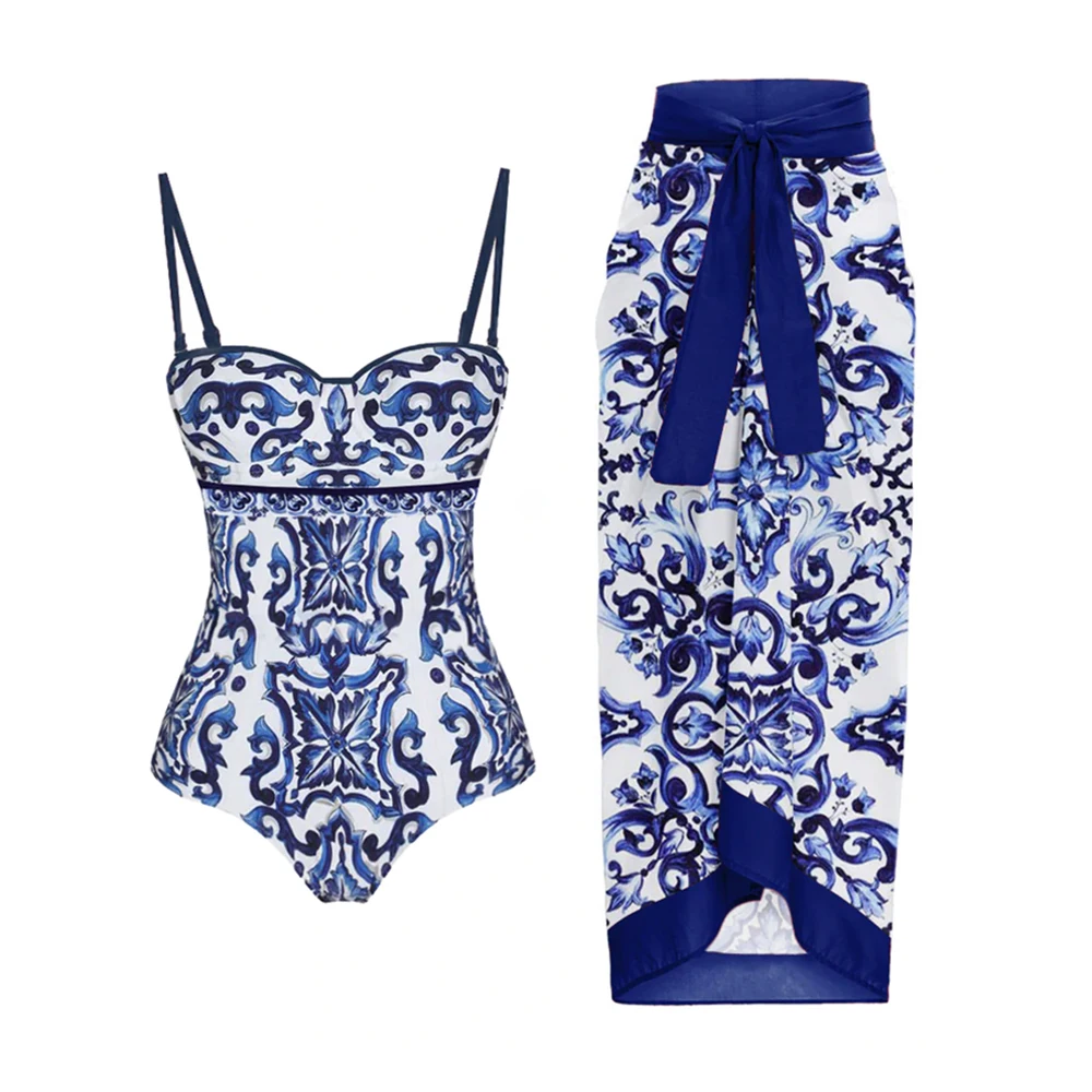 Blue Bikini Printed Fashion One Piece Swimsuit And Cover Up  With Skirt Tight Women's Bandage Summer Beach Luxury Elegant