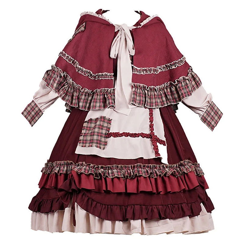 Kawaii Lolita Full Set Lolita Fall/winter Cape Women Vintage Red Set Princess Girly Cosplay OP Dress
