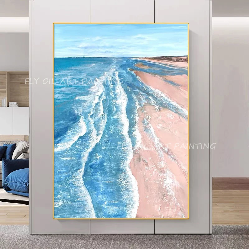 

100% Handmade Modern Ocean Sea Landscape Wave Blue Canvas Abstract Handmade Oil Painting Picture Wall for Living Room Gift