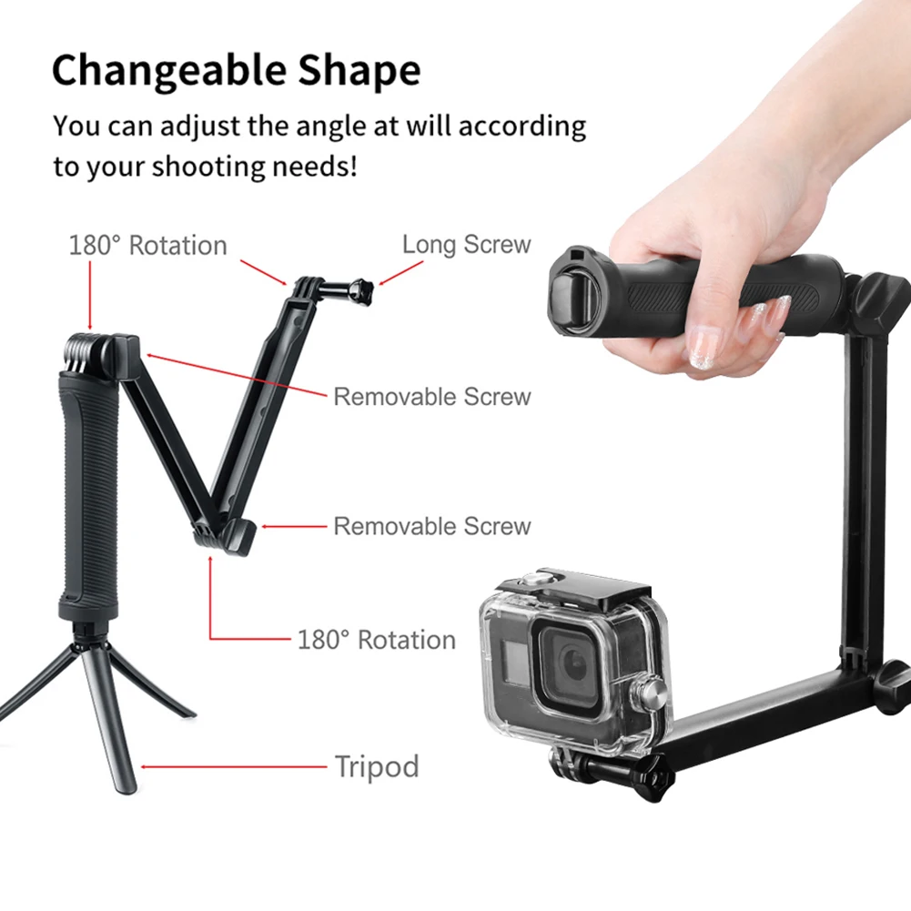 Poignée multifonction avec rotations 180° tenue en main, trépied selfie stick pour GoPro prêt à l'emploi.