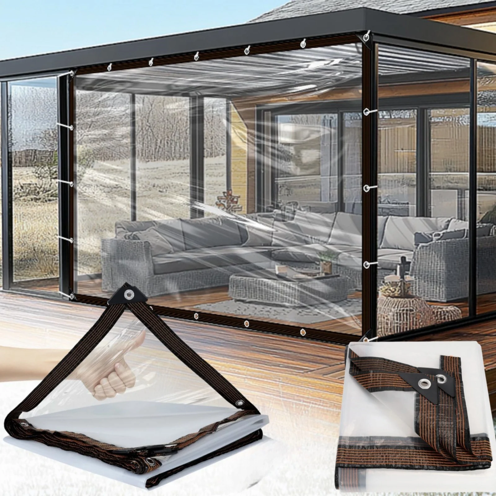 Close-up of reinforced edges on clear tarp