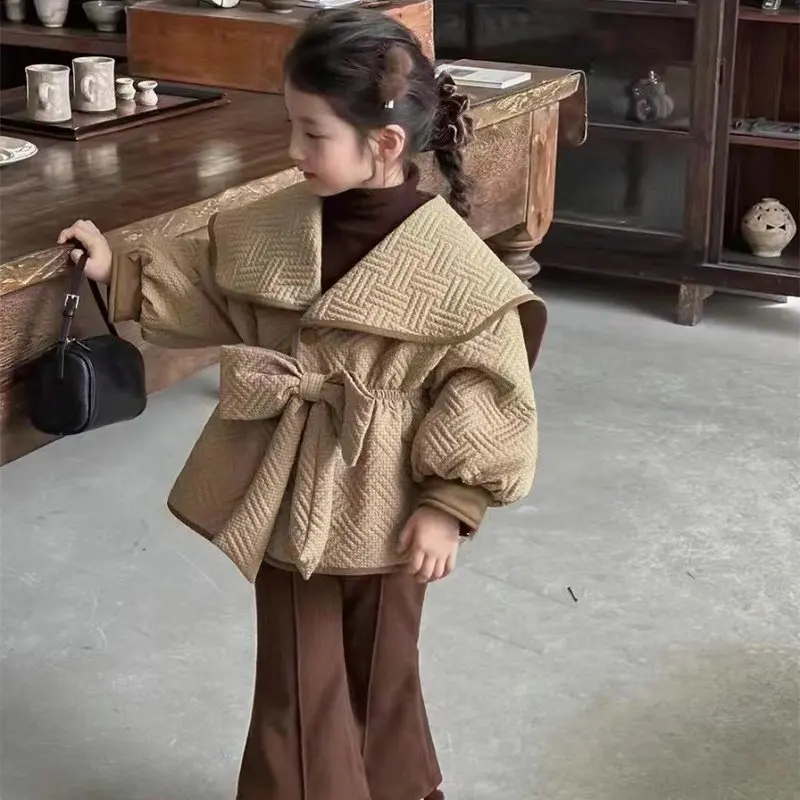 Fashion Baby Girl Princess Cotton Padded Jacket Spring Autumn Winter Child Bow Coat Waist Outwear Solid Color Baby Clothes 1-8Y