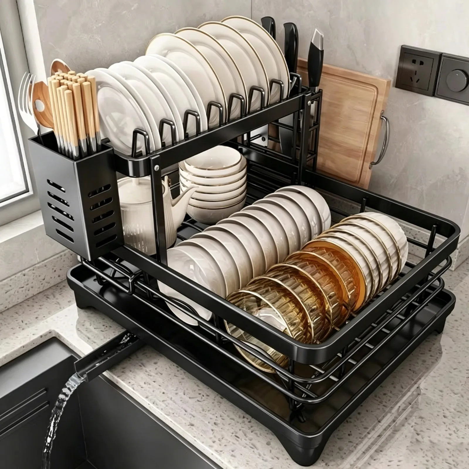 Égouttoir à vaisselle réglable pour comptoir de cuisine avec plateau de drainage, organisateur de vaisselle pour évier, support de rangement 1