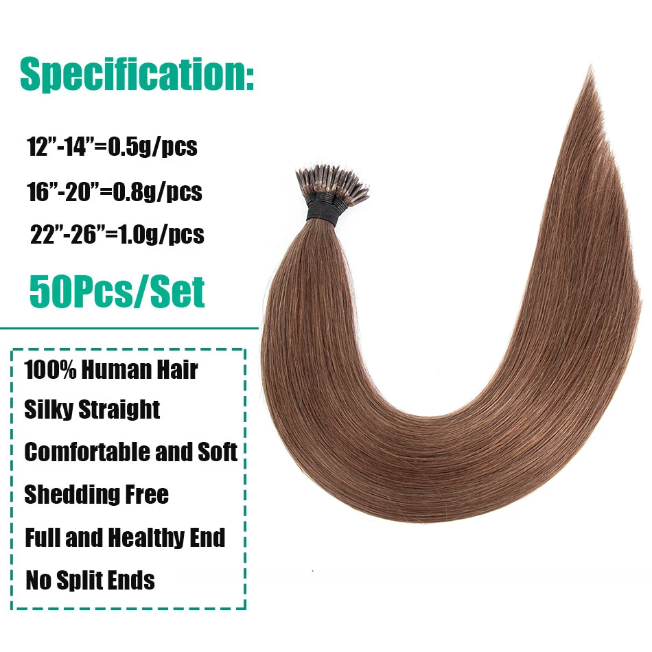 Nano Ring Human Hair Extensions Straight Remy Micro Beads Ring Hair Extension 0.5g/0.8g/1g/Strand 12-26Inch Natural Color 50Pcs human hair extensions