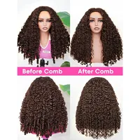 Perruque mi-tête bouclée birmane brun chocolat en cheveux humains, sans colle, 3-en-1, avec cordon de serrage et clips, perruques mi-tête à retourner 5