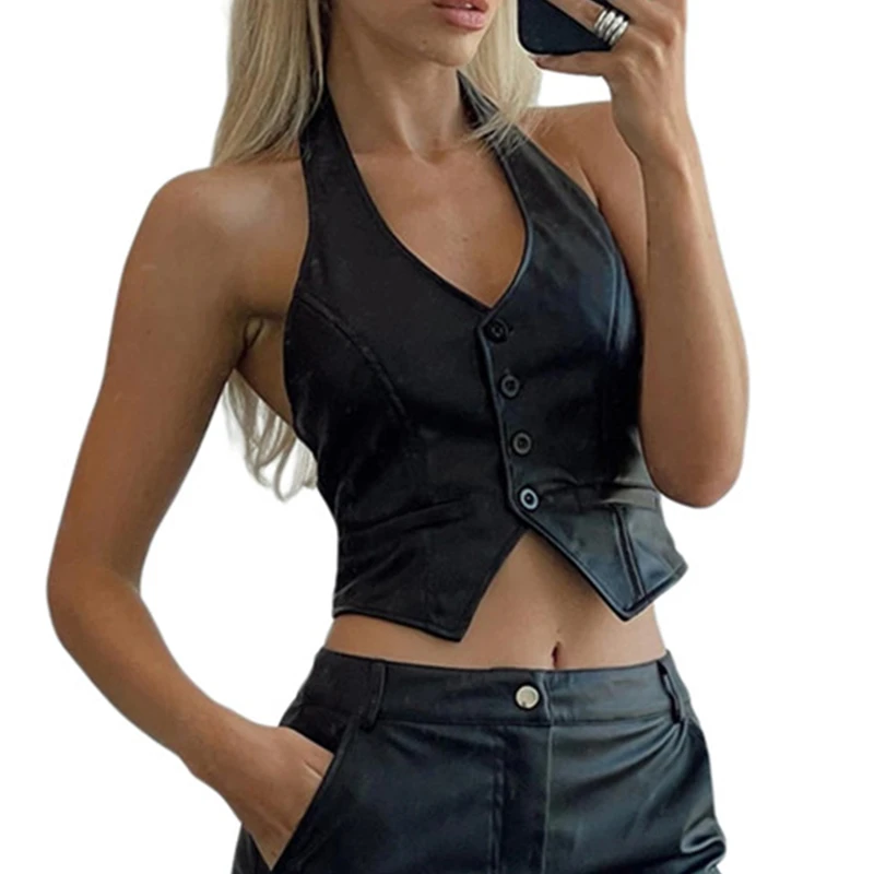 y2k PU Leather Vest Vintage Aesthetic Women V Neck Sleeveless Button Tank Tops 2000s Dark Academia Tshirt Waistcoat