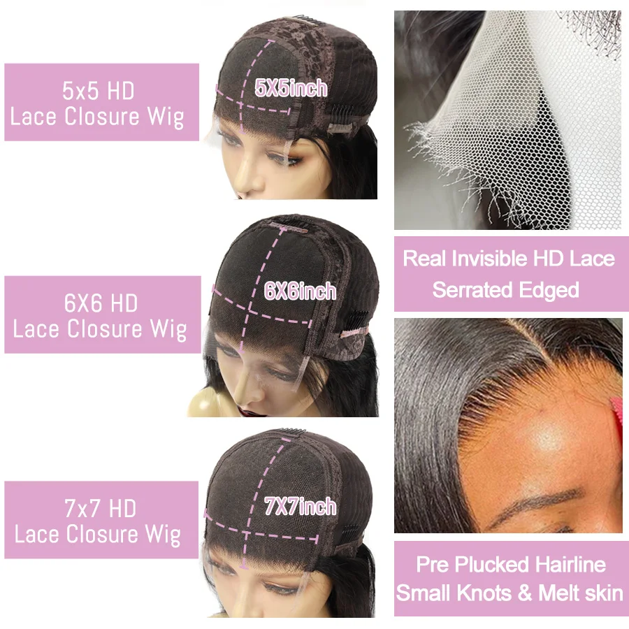 Glueless HD Lace Closure 7x7/6X6/5x5 Closure Water Wave Pre Plucked Natural Hairline Human Hair Curly Wigs for Women