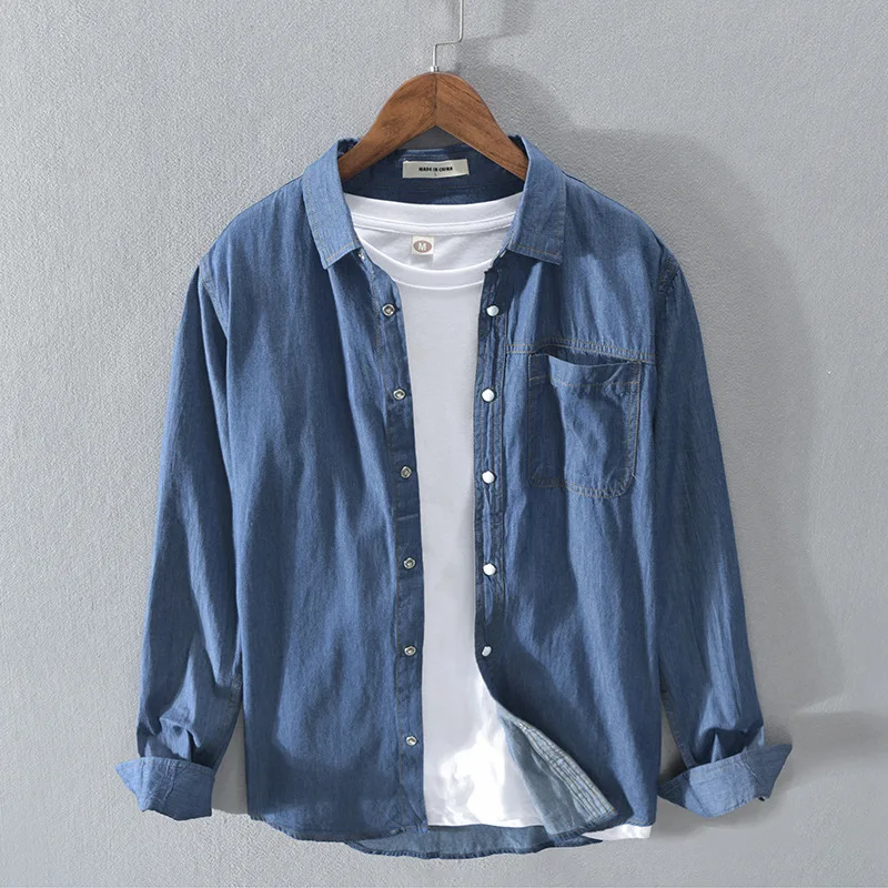 2023 100% Herfst Winter Nieuwe Frisse Lange Mouwen Denim Shirt Trendy Heren Casual Kunst Veelzijdige Losse Puur Katoenen Comfortabele Top