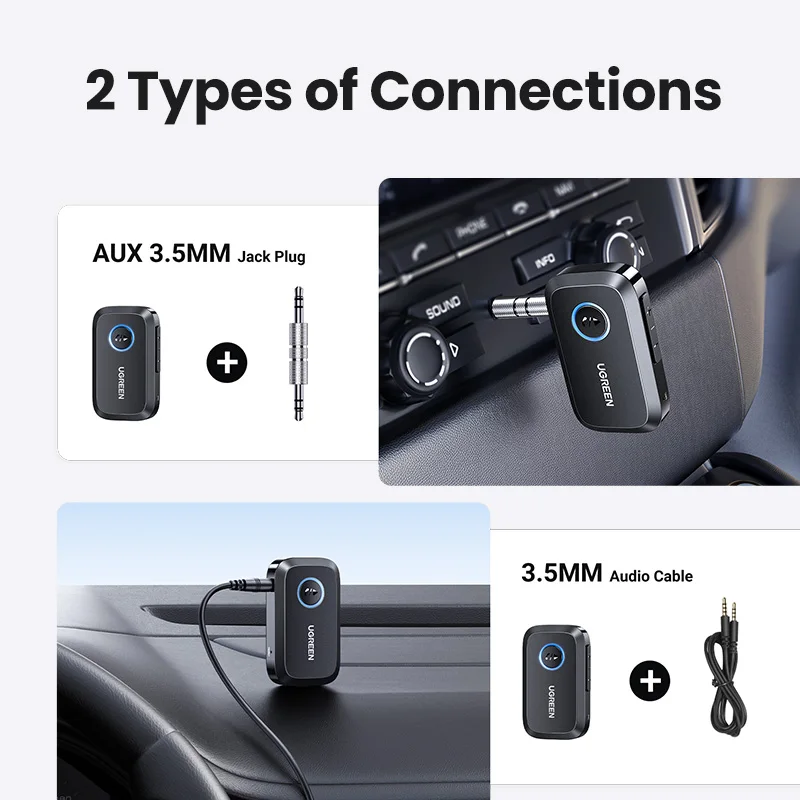 Ugreen Bluetooth Auto Ontvanger Adapter 3.5Mm Aux Aansluitingen Voor Auto Luidsprekers Audio Muziek Ontvanger Handsfree Bluetooth 5.3 Adapter