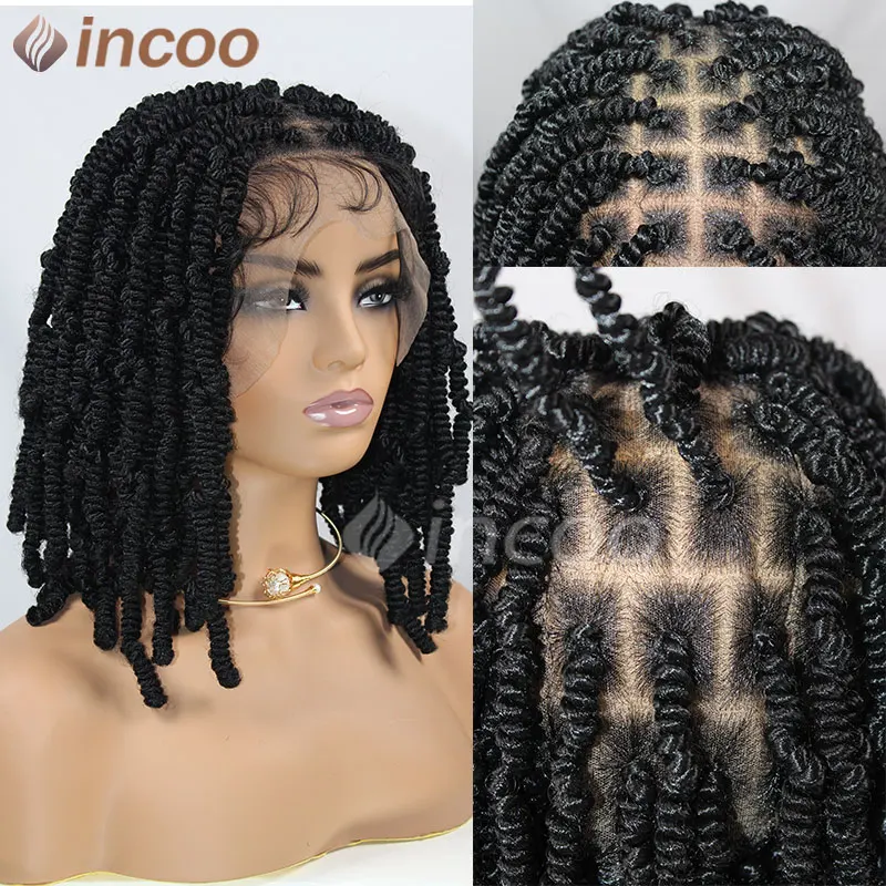 

Парик с оплеткой Боб 12 дюймов для чернокожих женщин, весенний афро-твист, искусственные локоны, Спиральные Завитки, плетеные искусственные волосы со шнуровкой