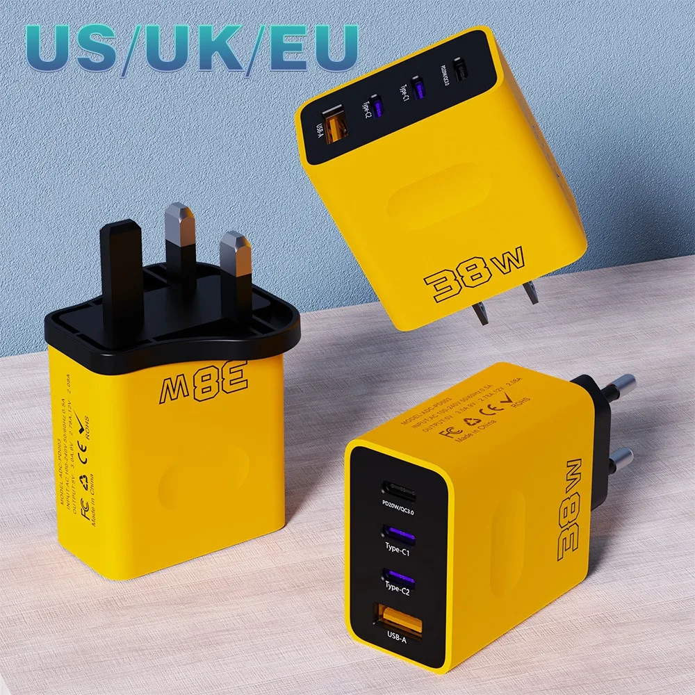 3 Ports PD Charger USB C Charger 38W Fast Charging Type C QC3.0 Quick Charger EU/US Plug Wall Adapter for iPhone 15 Xiaomi POCO