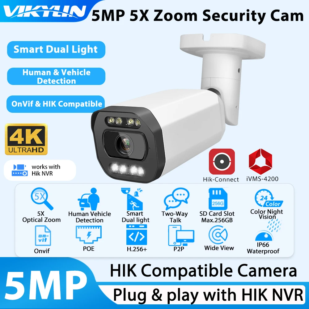 

Vikylin Bullet Security IP Camera 5X Zoom 5MP Color Night for Hikvision Compatible POE Audio SD Human Vehicle Detect CCTV Cam