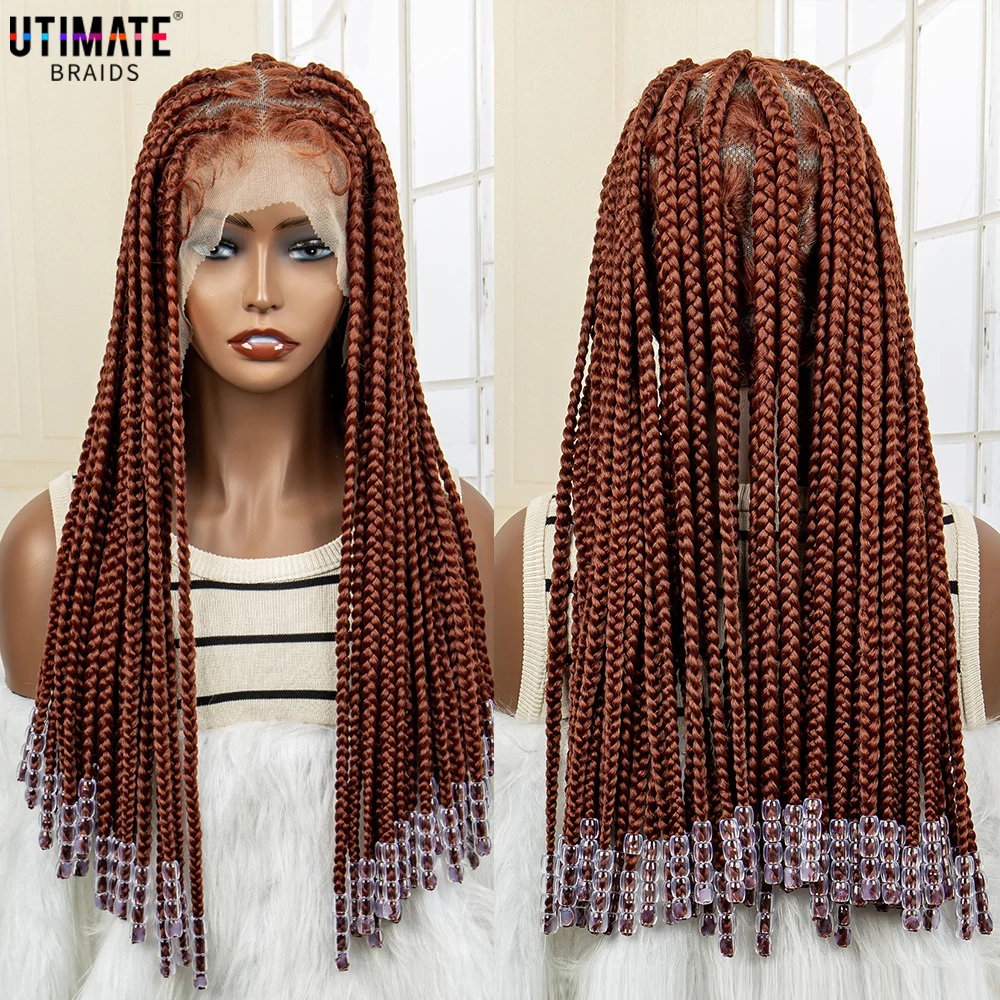 Long Box Braided Wigs None Lace Wigs Synthetic Dark Roots Ombre Brown +20  beads