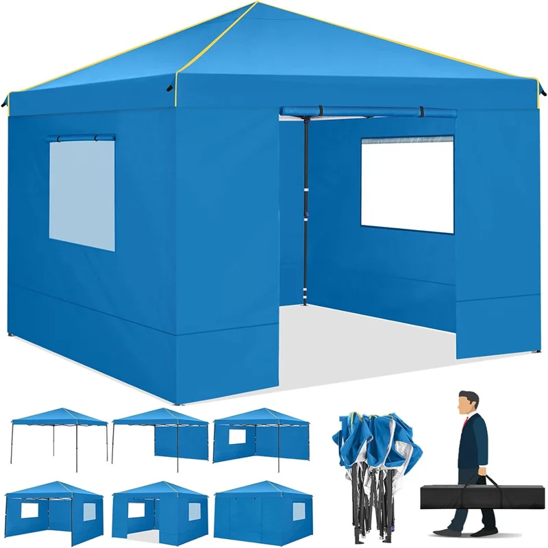 10x10ft Pop Up Canopy Gazebo Tent Awning With Mesh Window 4 Sidewall Carry Bag 4 Stakes Ropes For Party Event Garden Courtyard — Blue