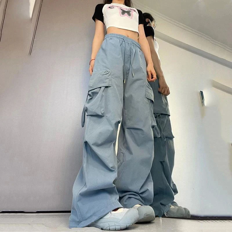 Women Y2K Cargo Pants High Waist Streetwear Hip Hop Trousers Female Big Pockets Casual Low Waist Drawstring Baggy Sweatpants 1
