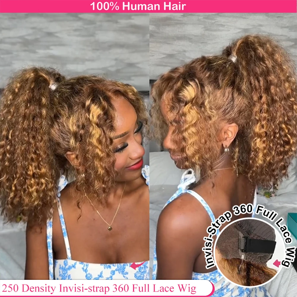 Lace Front Wig Human Hair Wigs 360 Lace Wig Highlight Invisi-Strap HD 360 Lace Front Wig 250 Density Highlight Wig Human Hair Deep Curly HD 360 Full Lace Preplucked