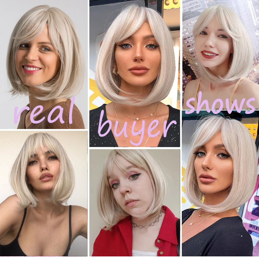 Pelucas sintéticas blancas, rubias y grises con flequillo, peluca de pelo corto y liso para mujer, Cosplay, pelo Natural diario, resistente al calor_voghion.com