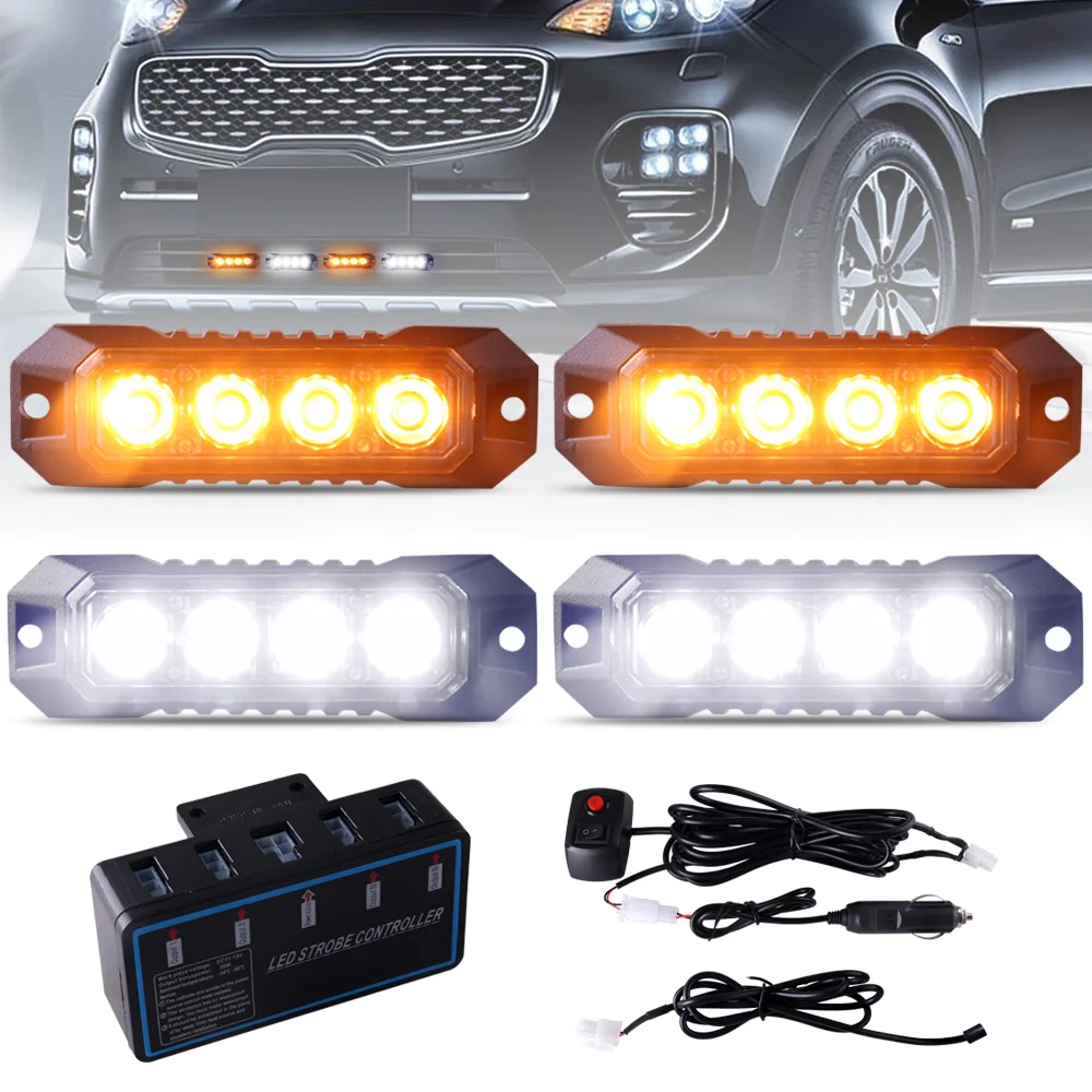 4-LED Car Universal Emergency Strobe Flashing Grill Lights Flashing Amber Light For Car Truck Van Off Road Vehicle Road Safety