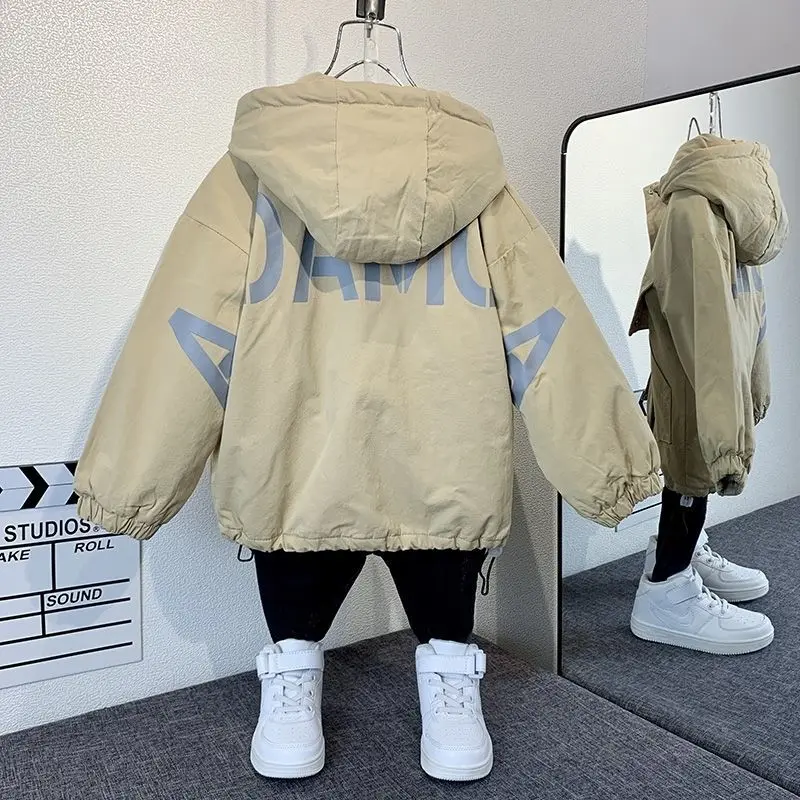Winter Baby and Boys Hooded Windproof Warm Fleece Lined Drawstring Zip Jackets Children Parka Kids Outfit Tops Coat 2-10Yr Kids Jackets