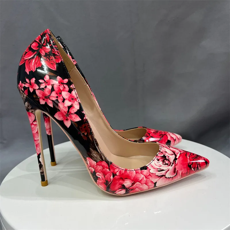 2022 Flower Print Women Glossy Patent Floral Stiletto Pumps Pointy