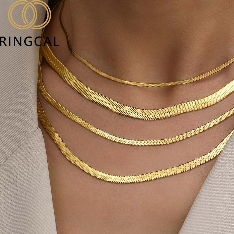 Ringcal 316l Stainless Steel Gold Choker Necklaces Luxury Snake Flat Chain For Women And Men