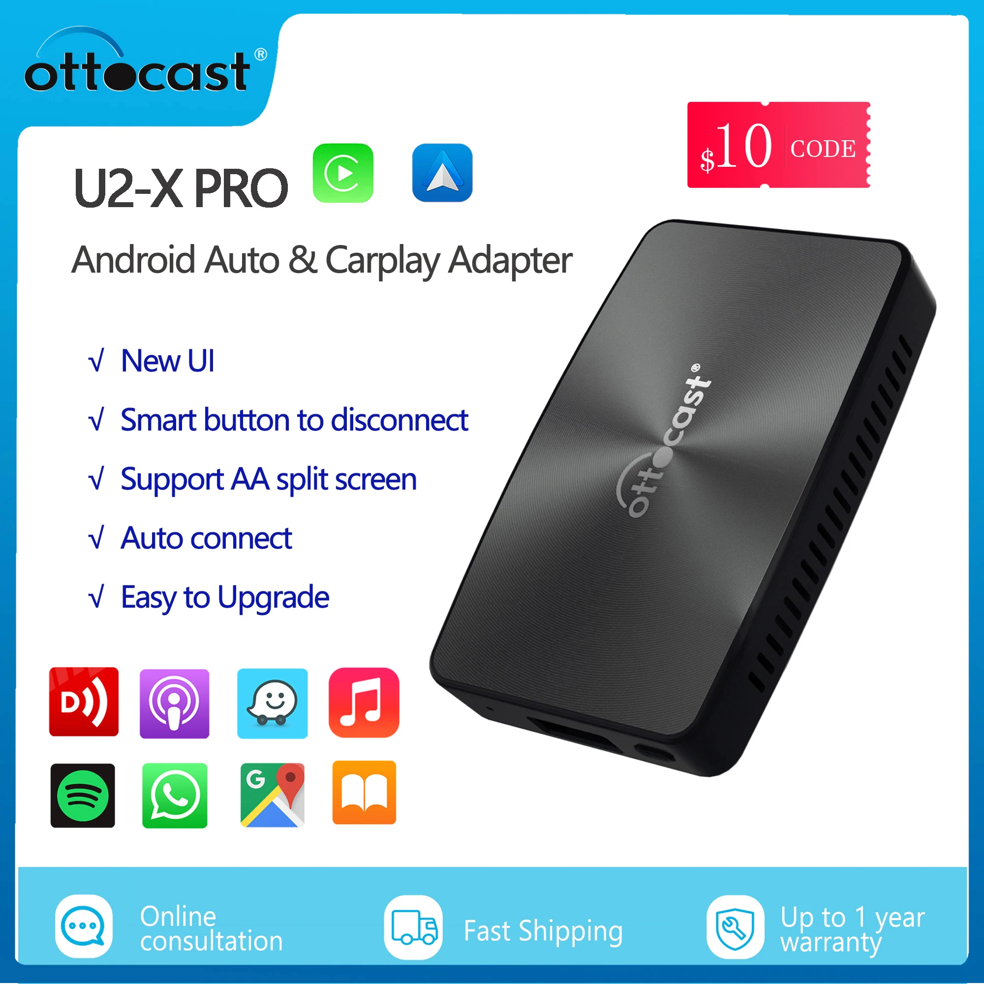 OTTOCAST U2 X PRO Wireless CarPlay Android Auto Adapter 2 in1 Carplay ...