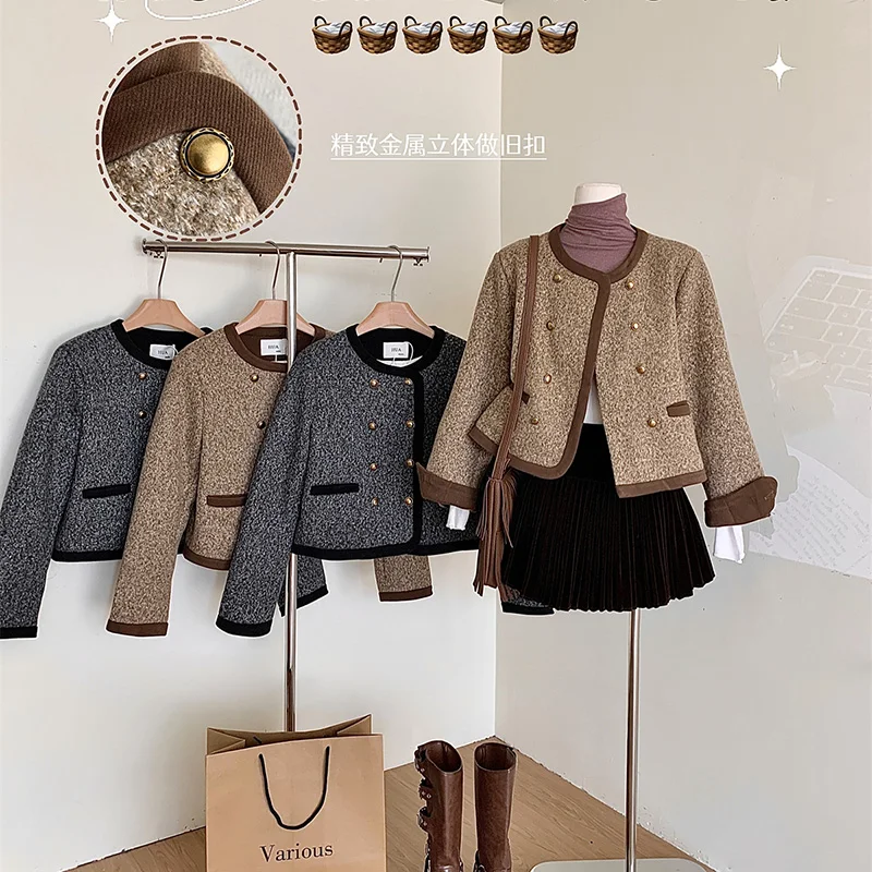 

Женская двубортная куртка в стиле Харадзюку, Короткая свободная повседневная куртка в корейском ретро-стиле с круглым вырезом, зима 2023