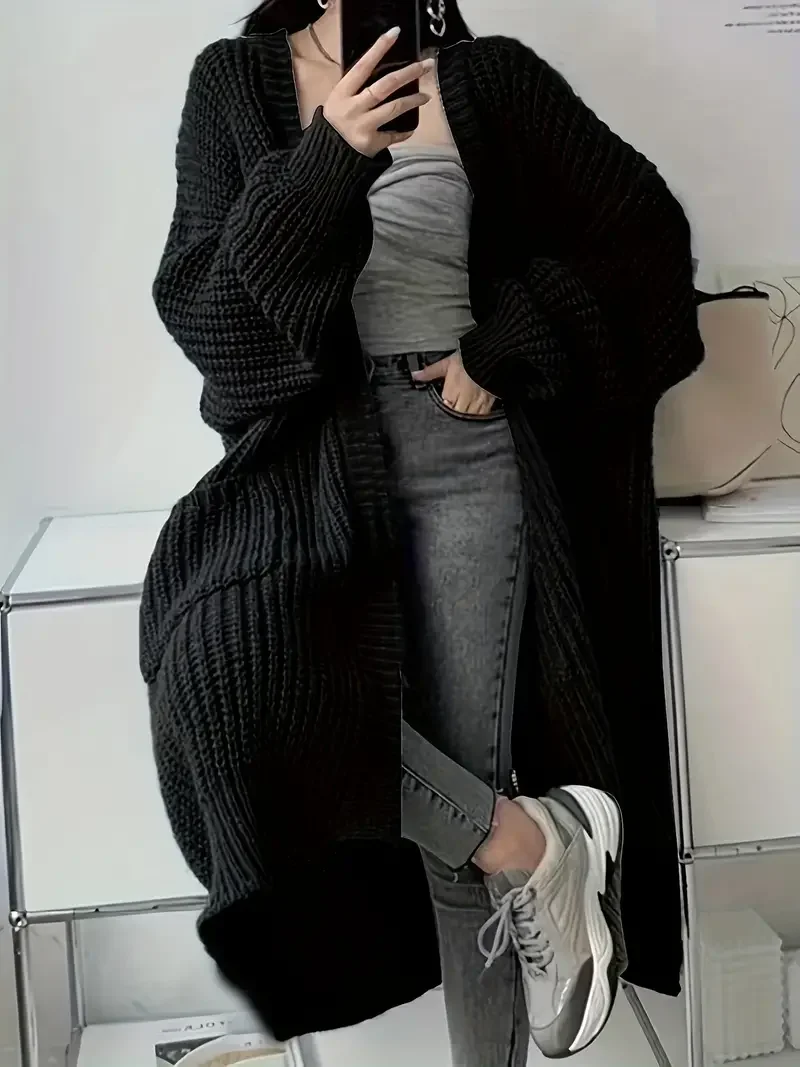 Women's Solid Open Front Knit Cardigan with Pockets - Casual Long Sleeve Sweater for Comfortable Layering 5