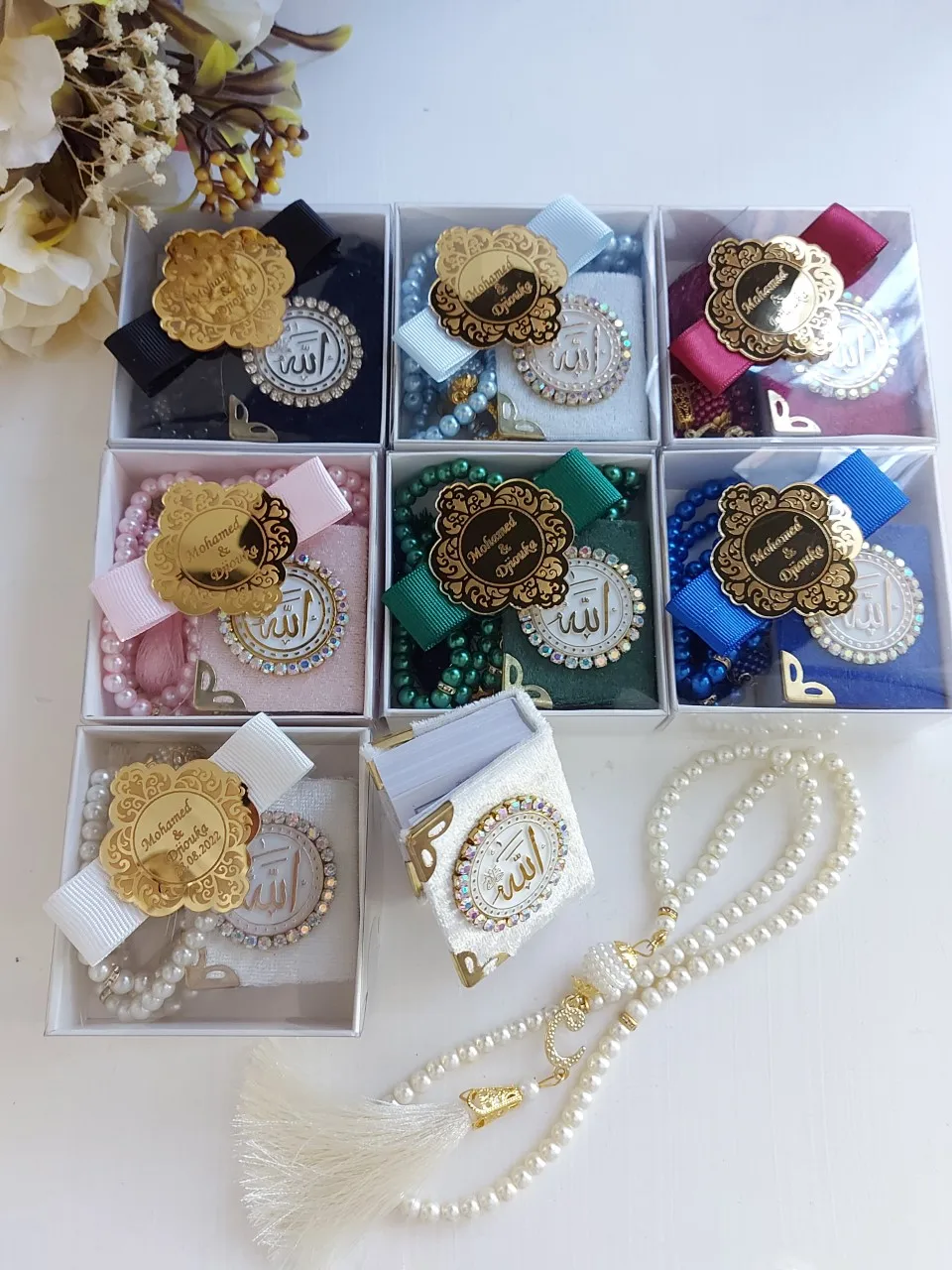 

Quran set,Wholesale (50pcs) slamic Gift,Hajj Gift, Embellished Mini Quran and Pearl Rosary,Umrah Favors,Muslim Party Favors