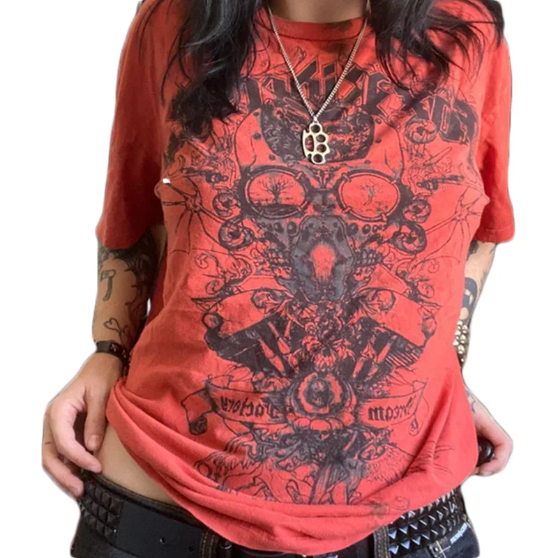 Camiseta Cyber Y2K de los años 2000 para mujer, con estampado de calavera, cuello redondo, manga corta, ropa estética E-Girl, ropa gótica para centro comercial, ropa urbana