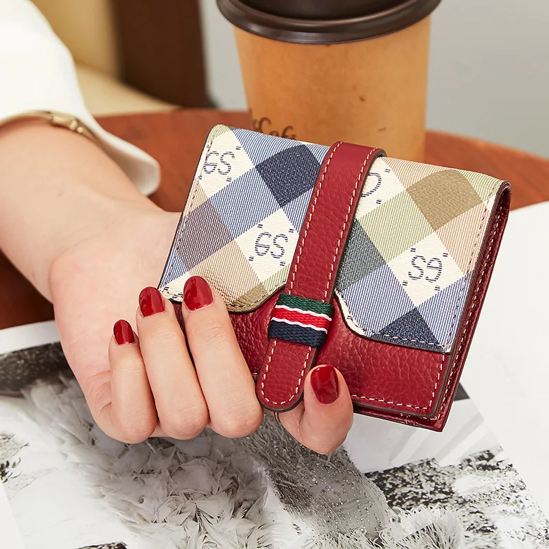 Fashion Genuine Leather Short Wallet Women Colorful Plaid Stripe Wallets  Real Calfskin Hasp Ladies Billfolds Folding