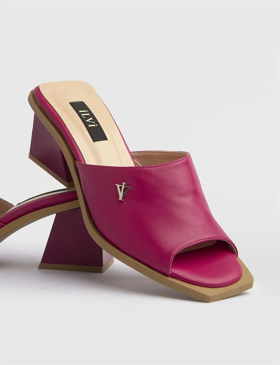 

Skien Genuine Leather Special Design Round Toe Square Heels Women's Slippers Fuchsia Mink Color Stylish Simple Minimalist Design