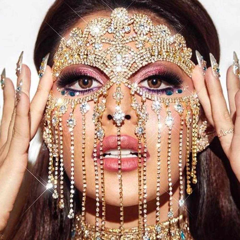 Luxury Crystal Mask Full Face Masquerade Tassel Boho Rhinestone Face