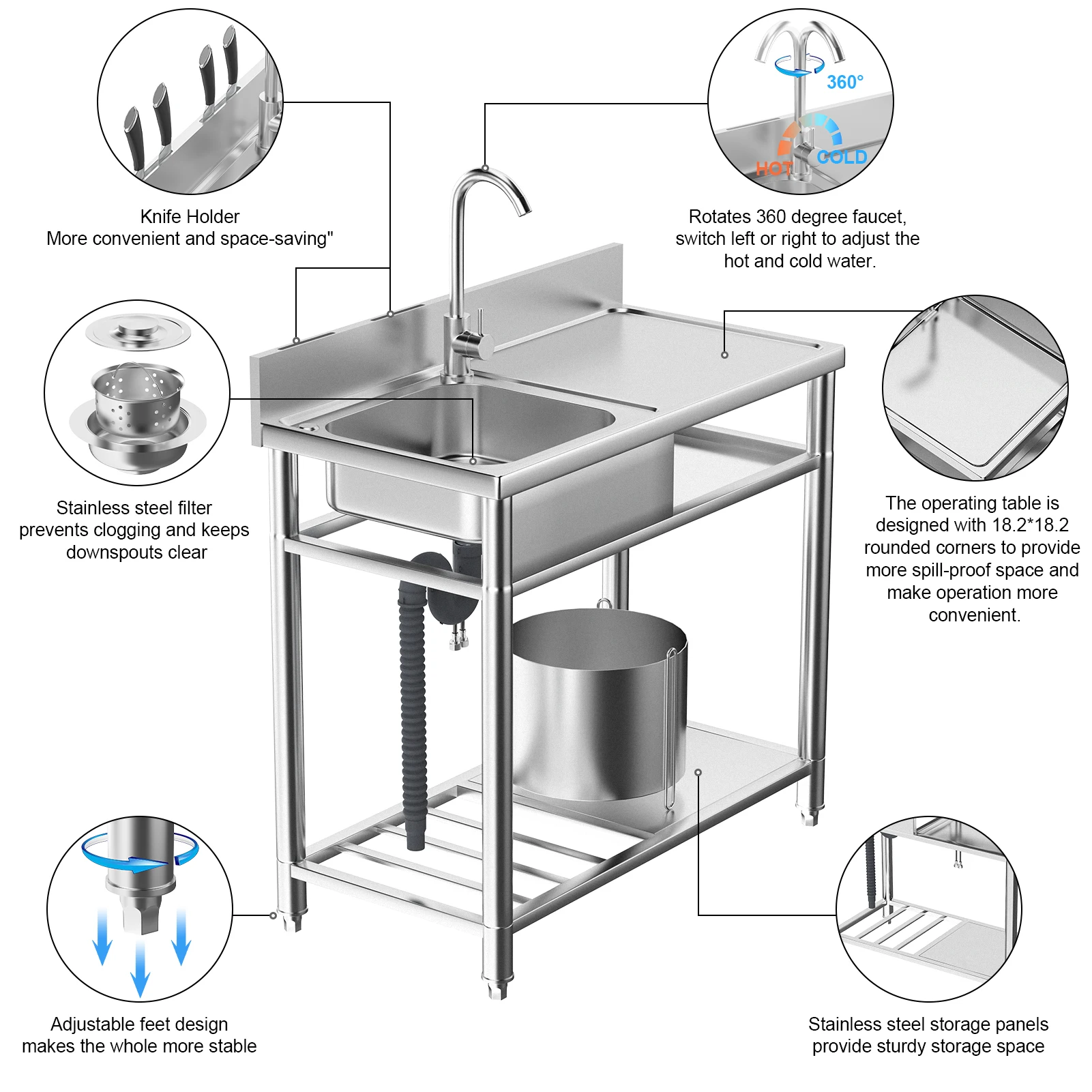 39in Stainless Steel Utility Sink, Outdoor Sink Station with Cabinet 3