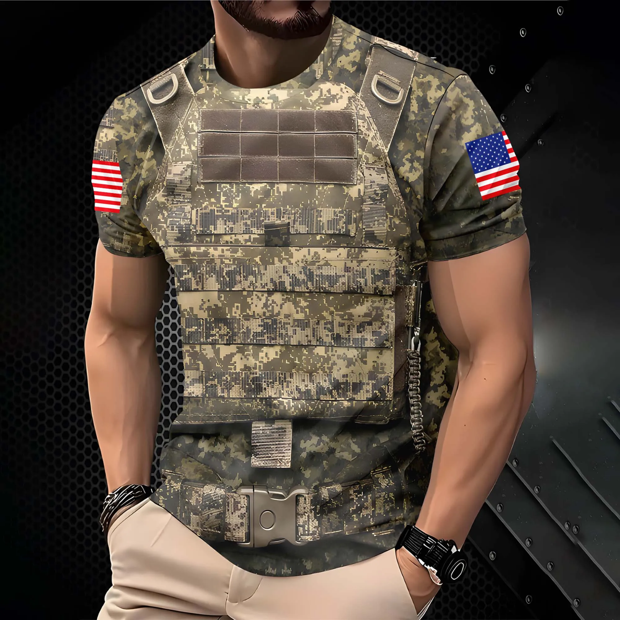Sommer Militär-Tarnmuster US-Flagge Ärmel 3D Taktische Weste Muster Herren Figurbetonte Atmungsaktive Kurzarm-Angler- und Schießshirts